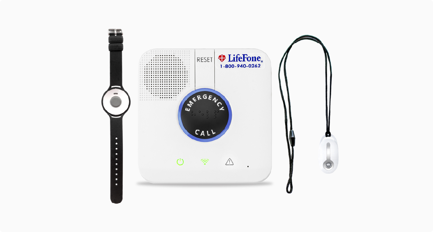 LifeFone alert features a hub with emergency button, wearable button, and watch.