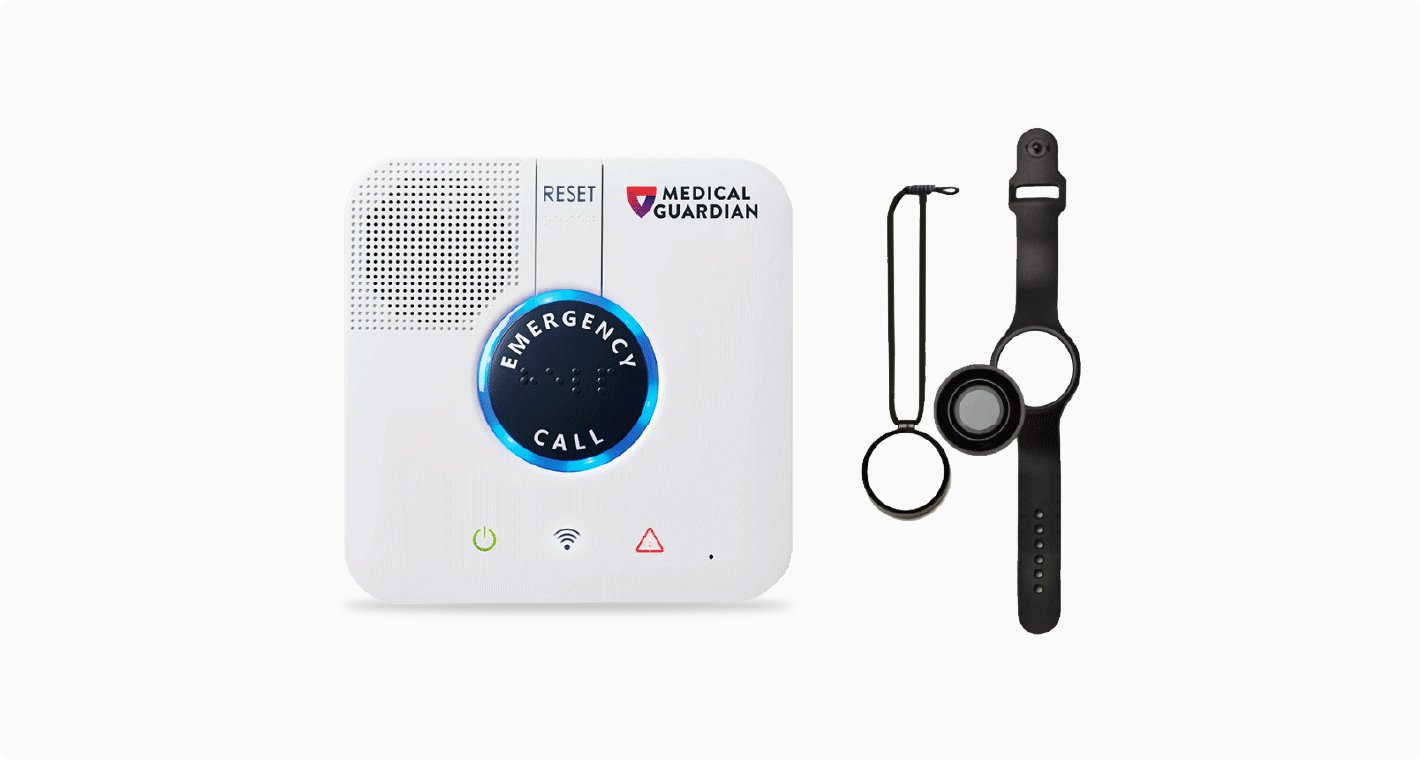 Photo of a white medical alert device and watch.