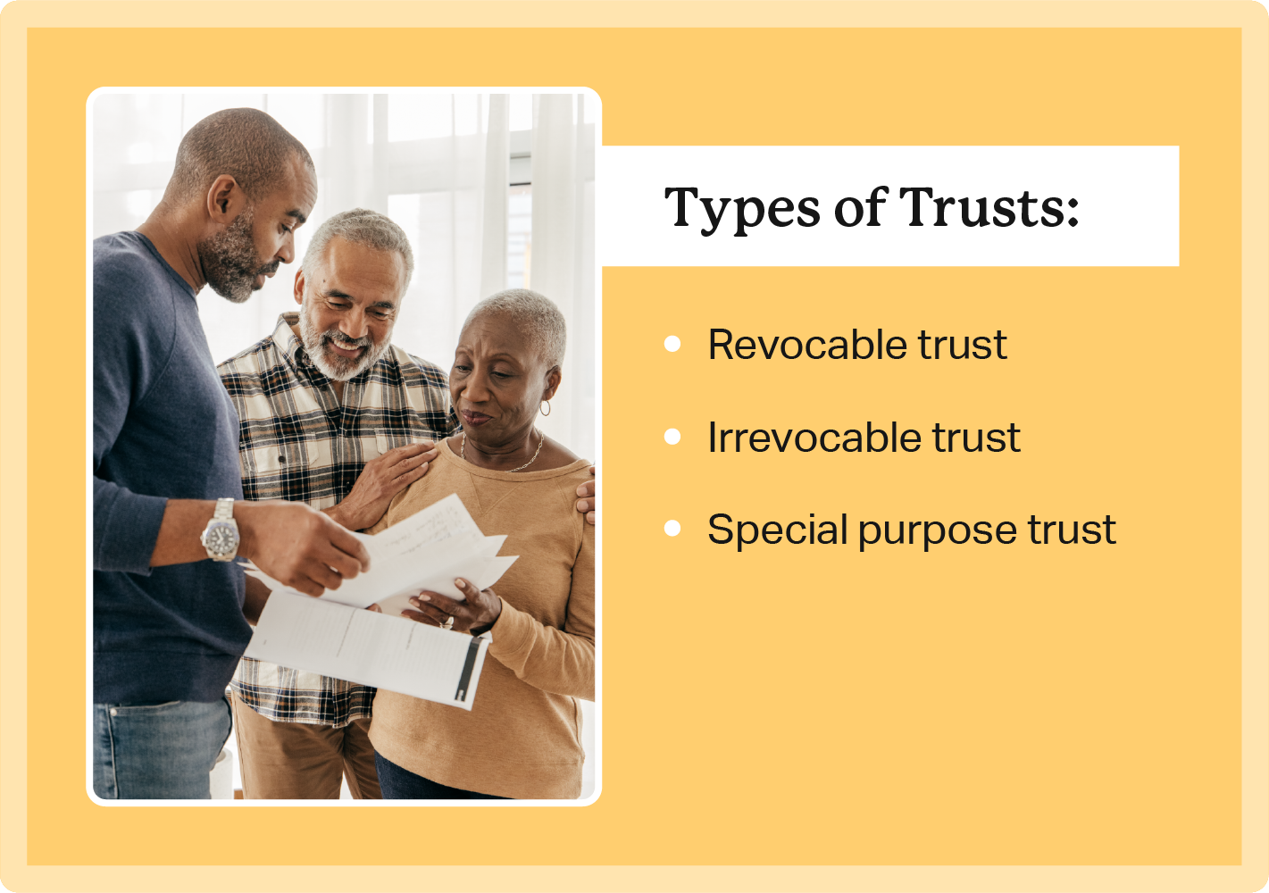 A list of types of trusts including revocable, irrevocable, and special purpose trusts accompanies by a senior couple and their adult son. 