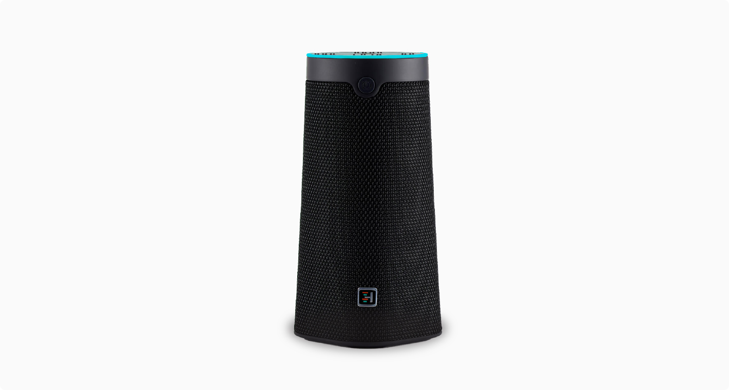A black, cylindrical alert speaker features LED lights at the top.