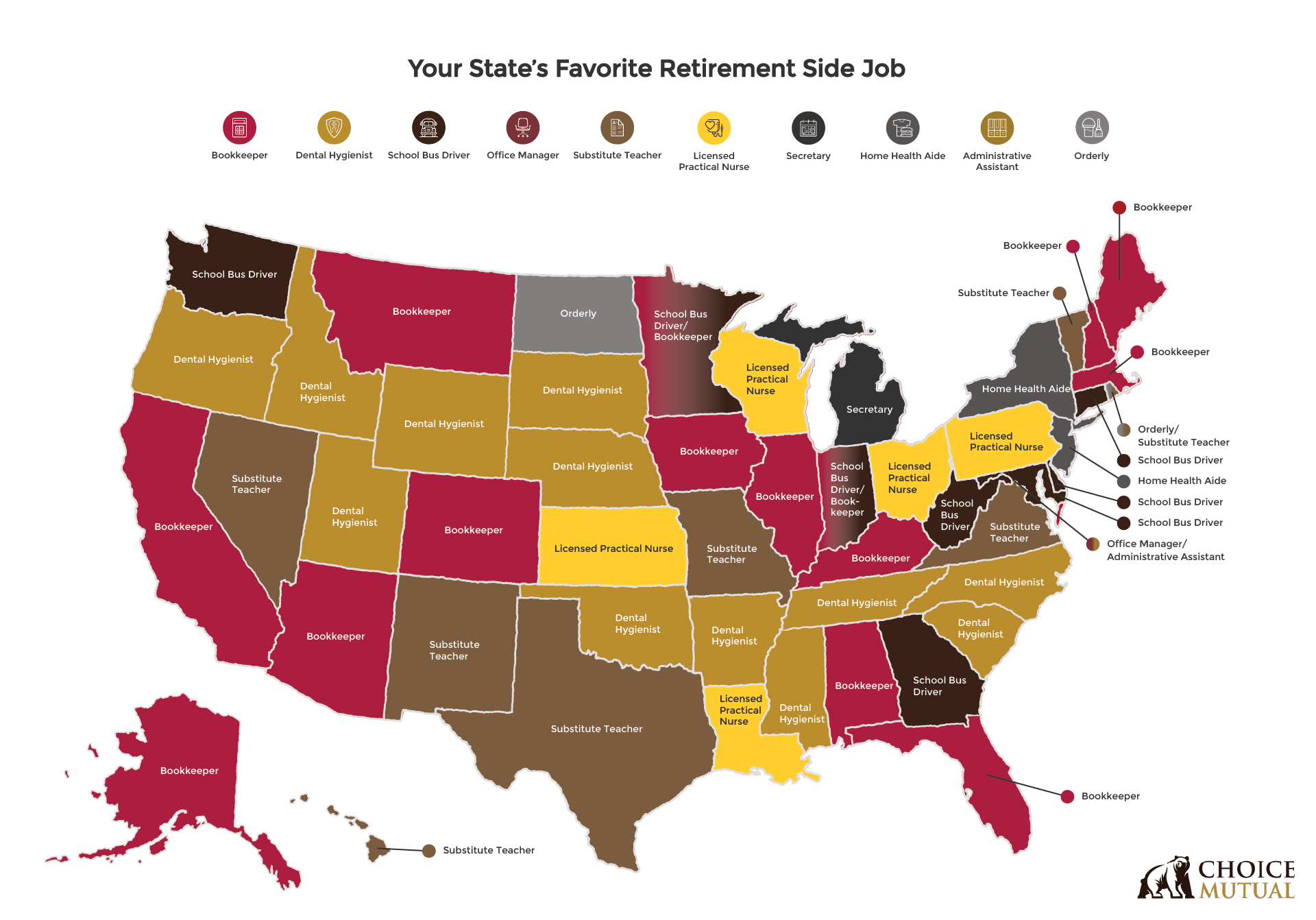 map of most popular retirement side job in each state