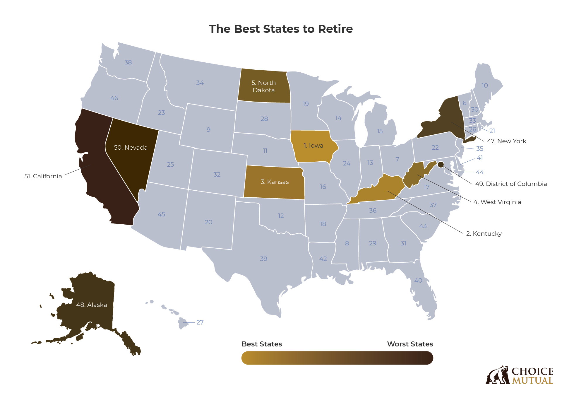 A map showing the best states to retire in 