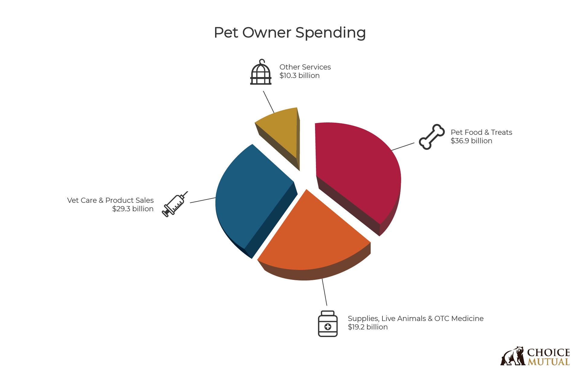 A pie chart showing how much money people spend on pets in the USA