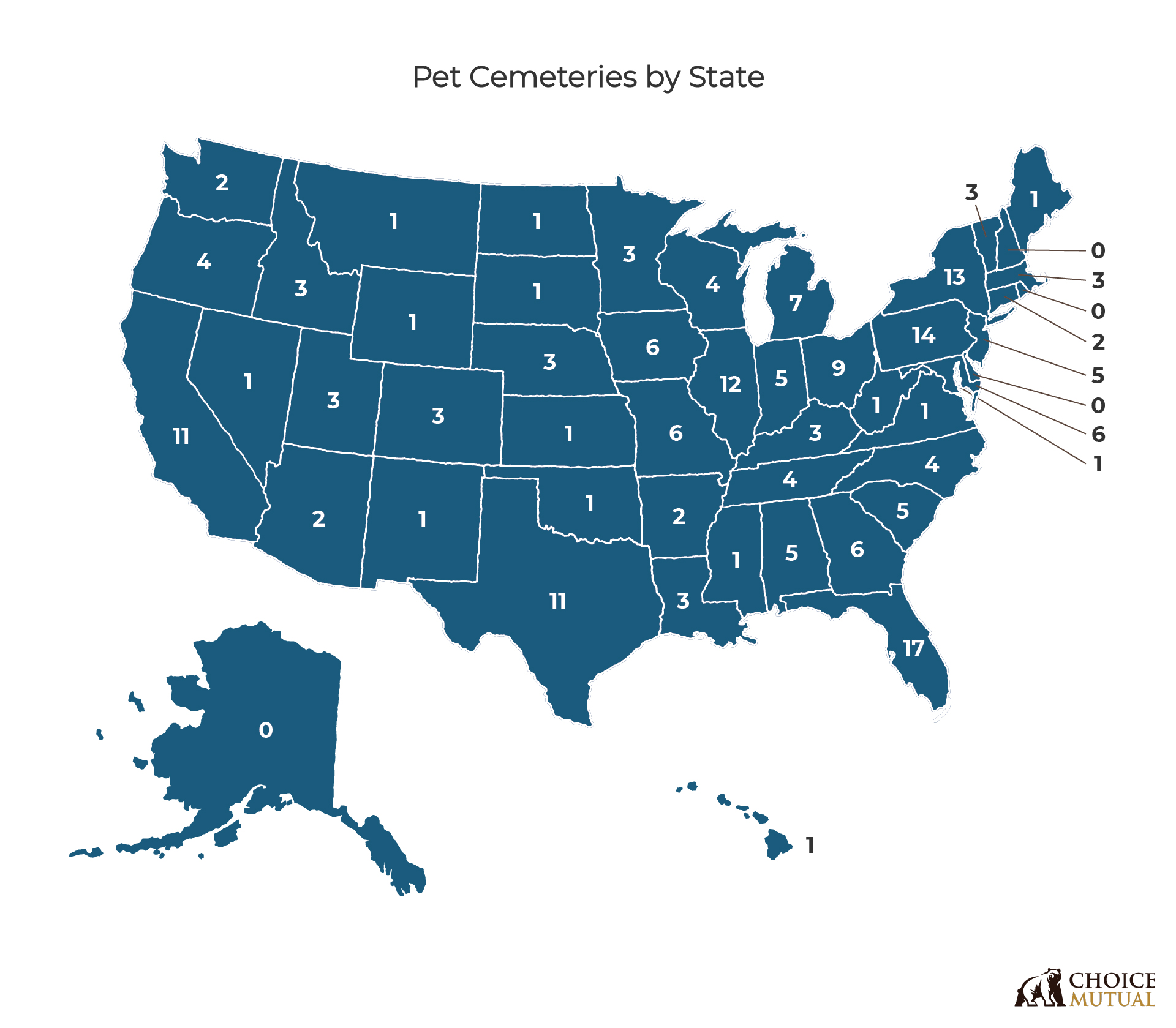 A map showing the number of pet cemetaries in each state