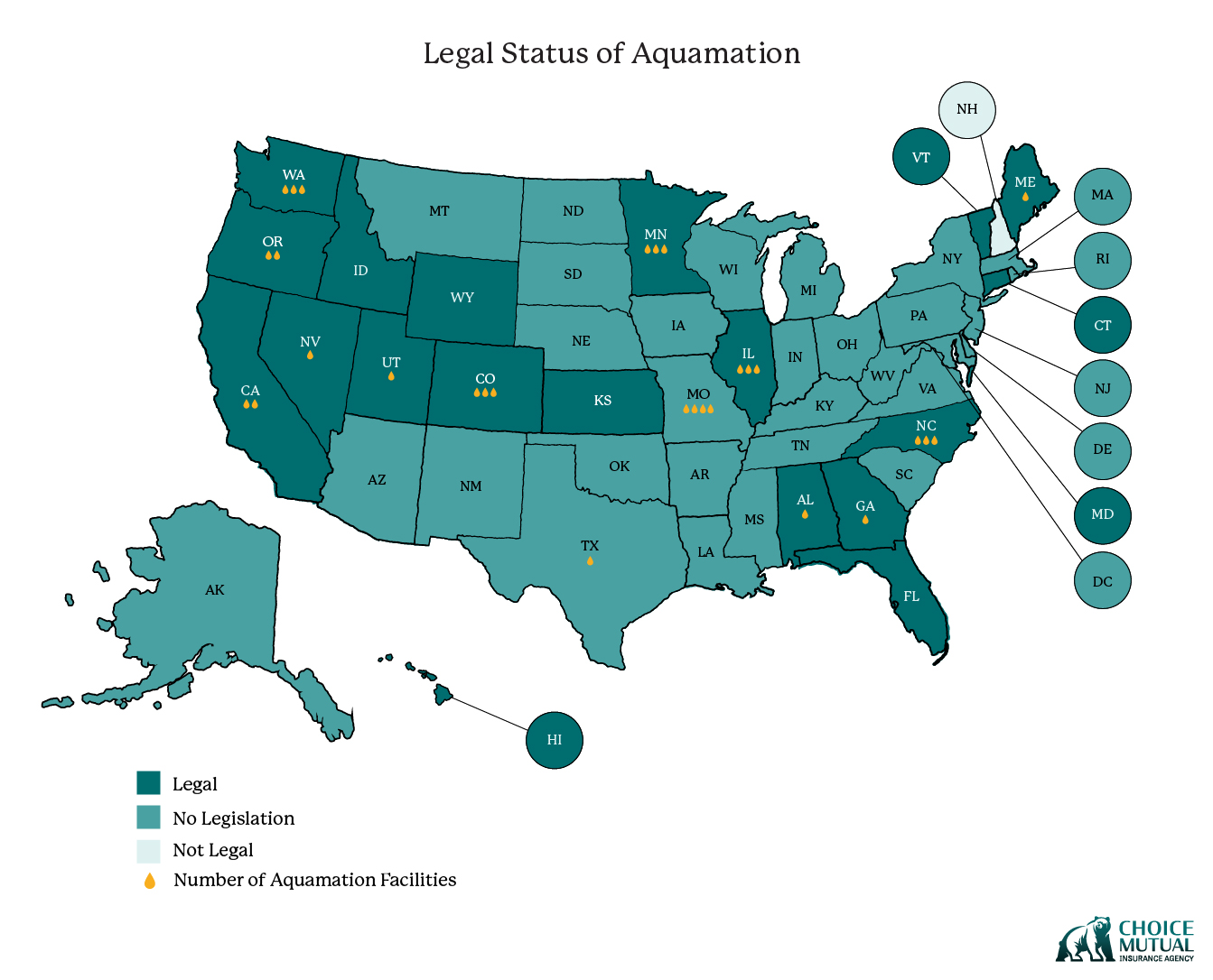 USA map showing the availability of aquamation