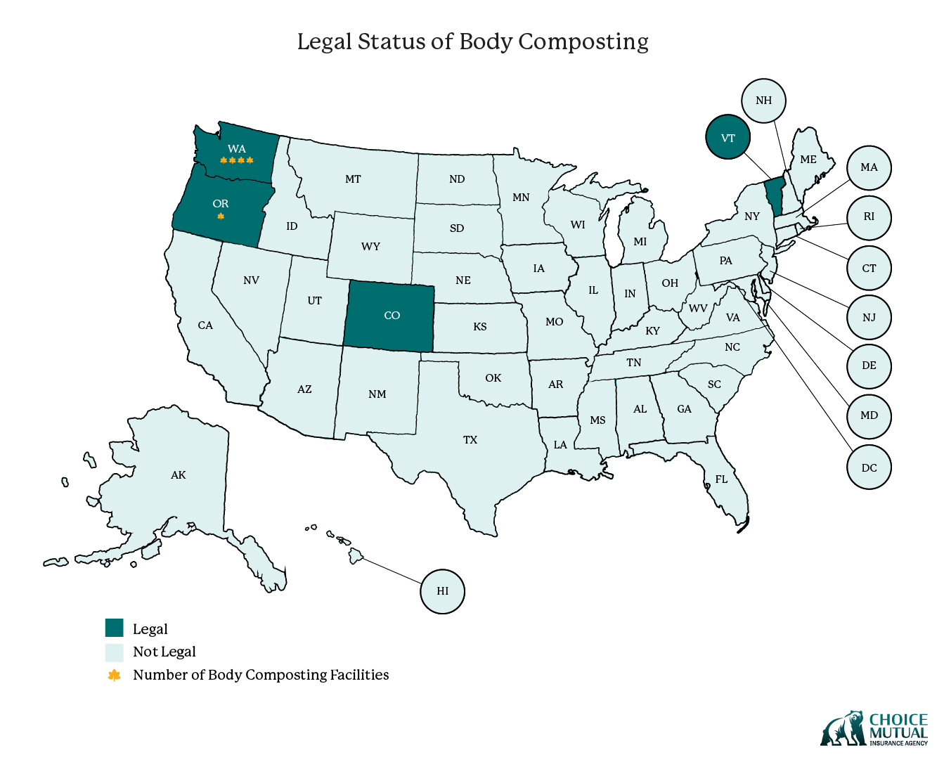 USA map showing the legality of body composting