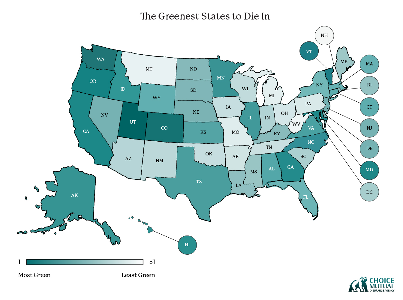 USA map ranking the greenest states to die in