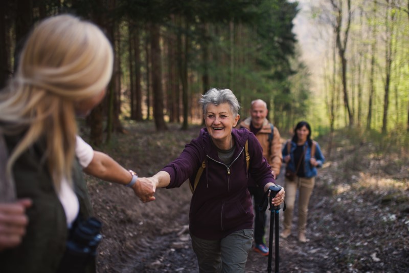 Portrait of group of seniors hikers outdoors in forest in nature
