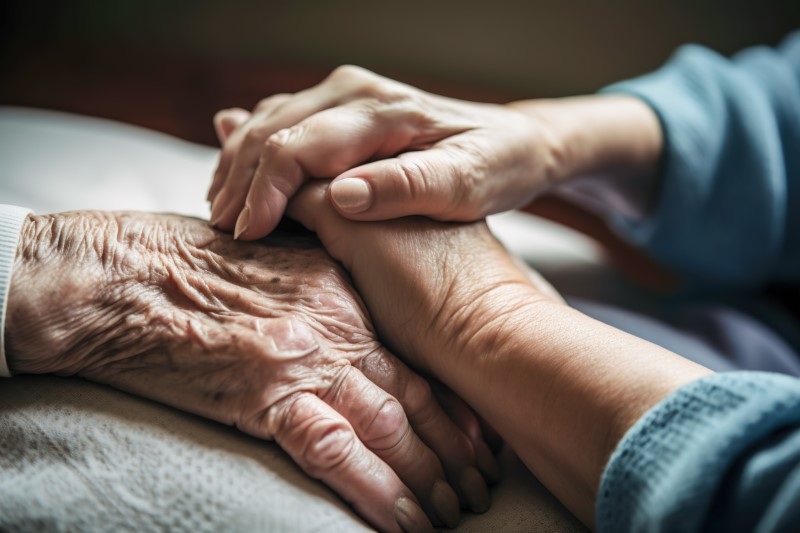 Hands of a young woman sitting on top of the hands of an elderly person.