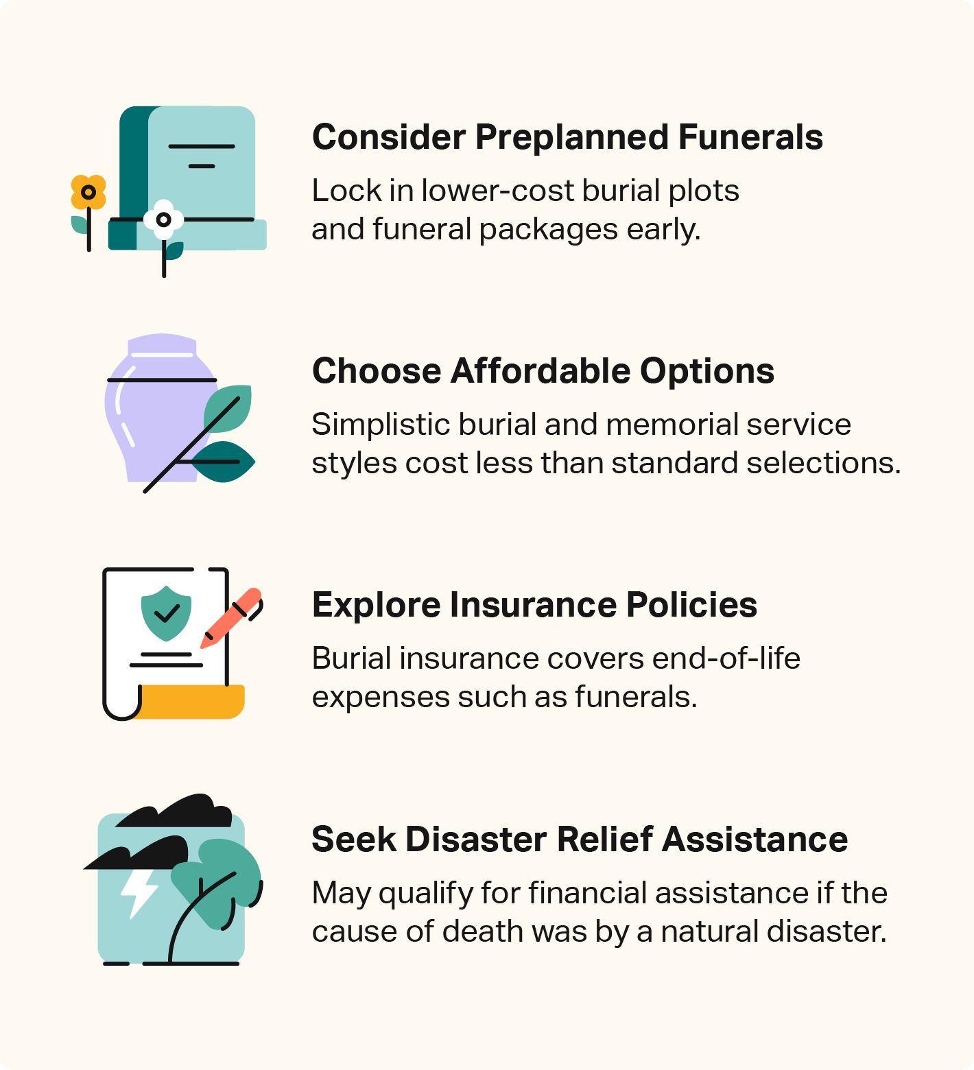 Illustrated icons accompany a list of tips to save on nondeductiblefuneral costs.