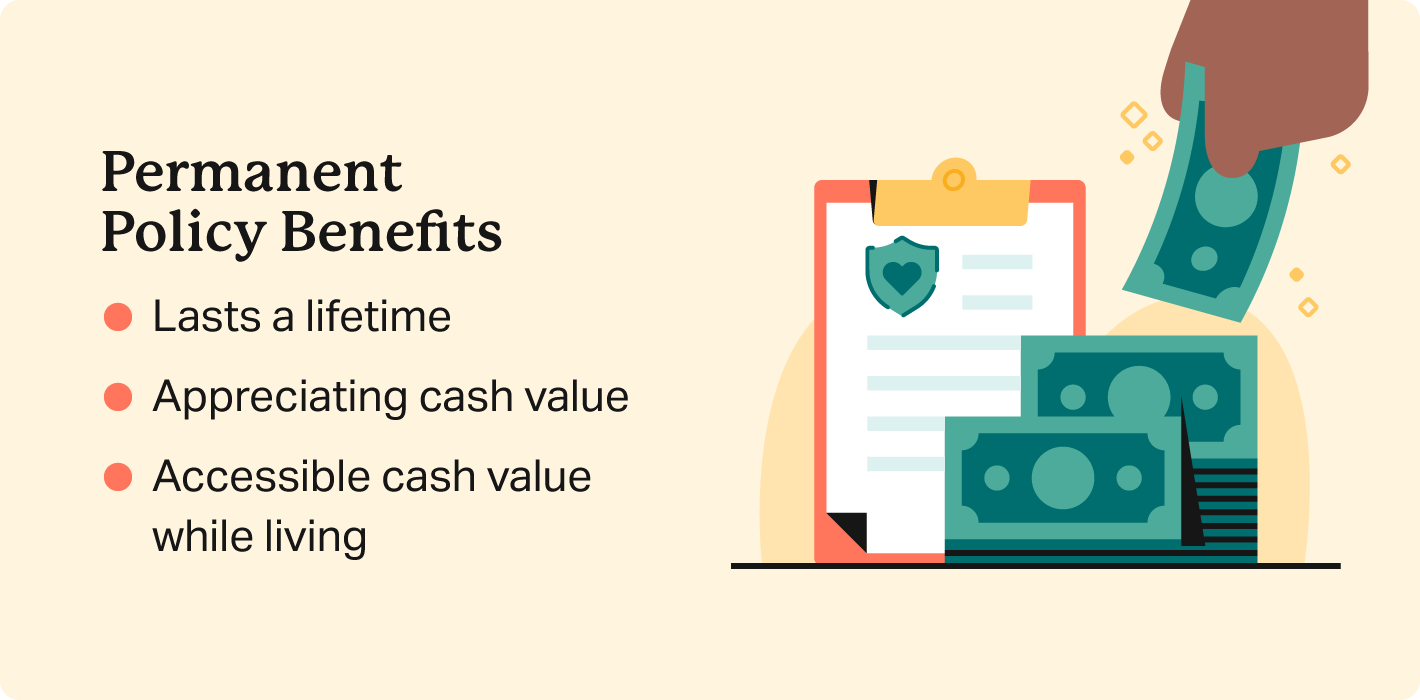 An illustration of a hand taking money from a pile lists permanent policy benefits, including a cash value.