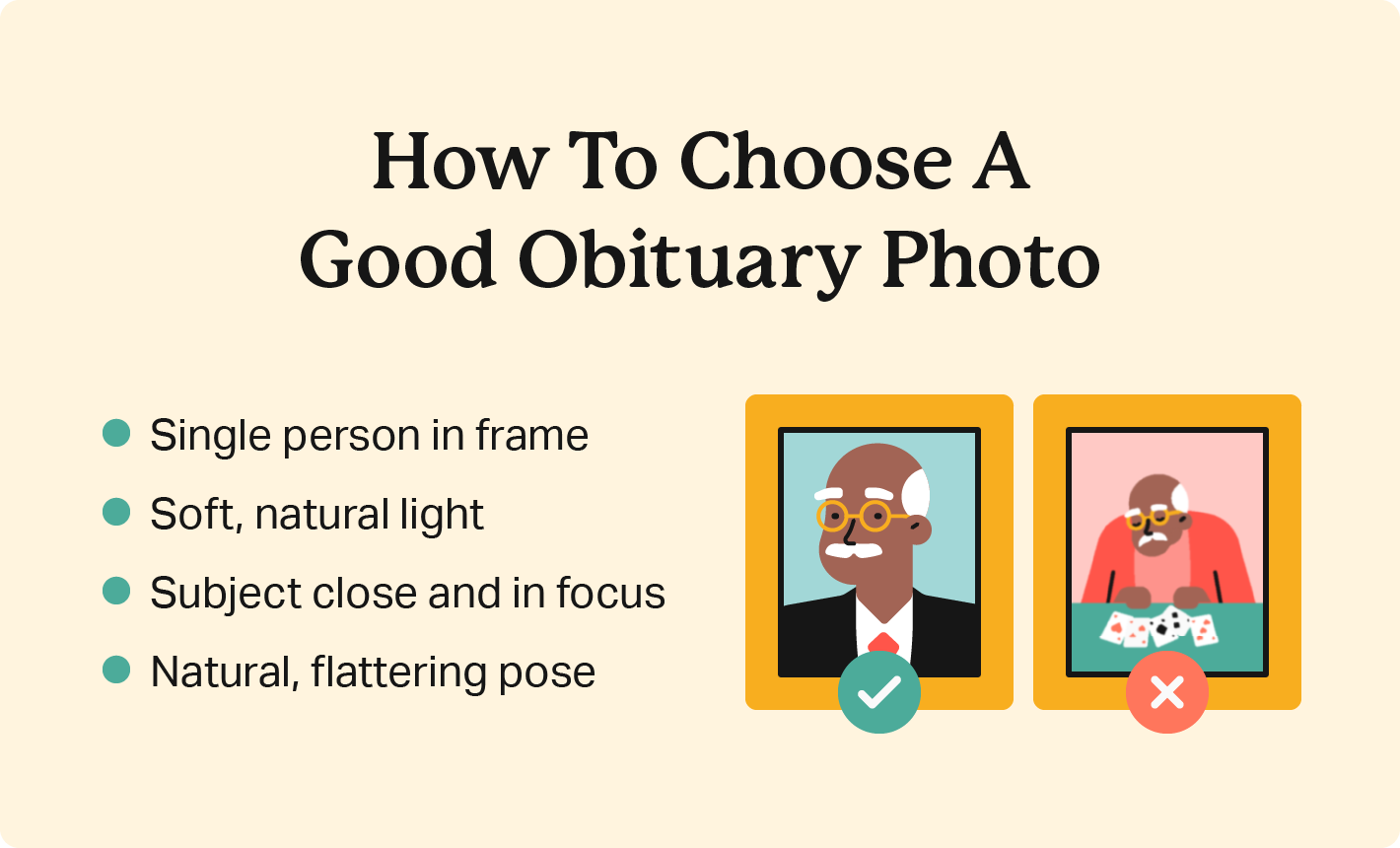 Side-by-side illustrations represent a good and bad obituary photo, with written photo tips.