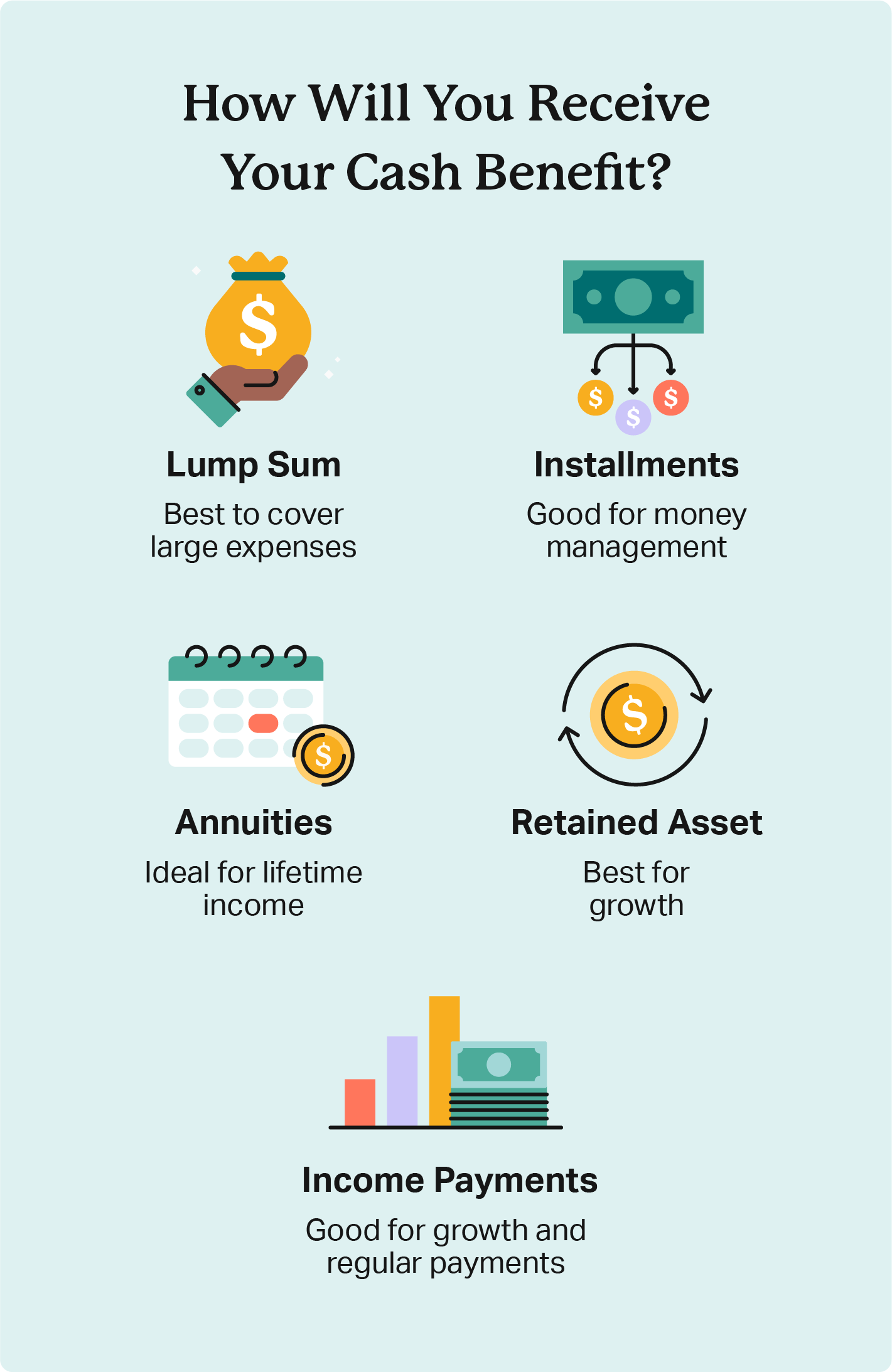 Illustrations explain the five ways benefits are paid, including lump sums, installments, annuities, retained assets, or income payments.