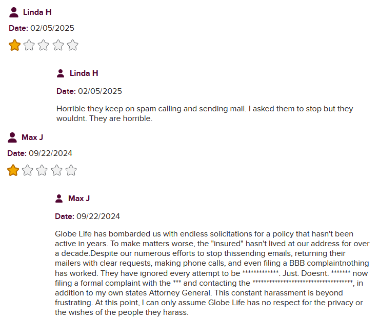 screenshot of Globe Life complaints on the BBB website