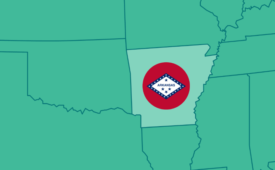 Graphic showing a portion of the US map, highlighting Arkansas and its flag