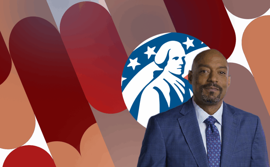 Pattererned graphic with Colonial Penn life insurance logo and an image of Jonathan Lawson