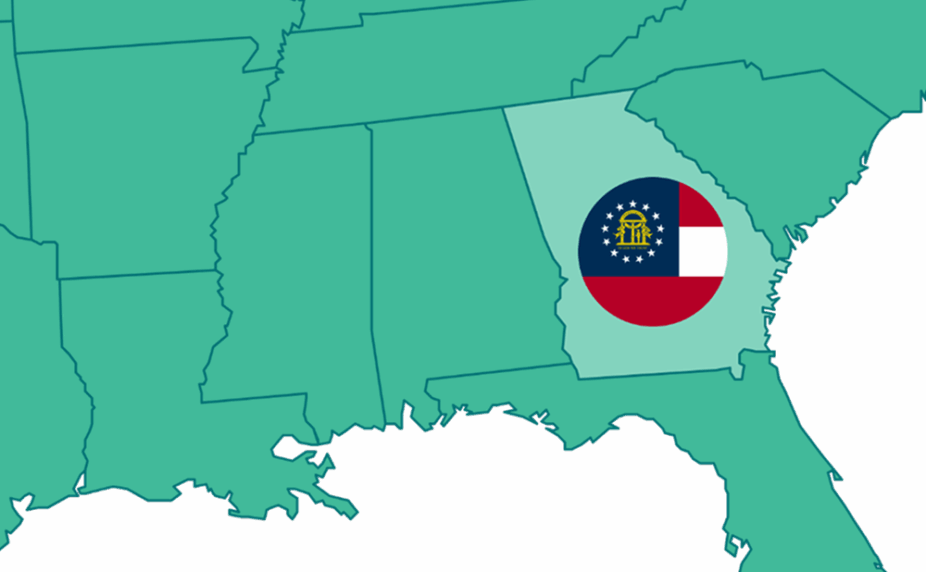 Graphic showing a portion of the US map, highlighting Georgia and its flag