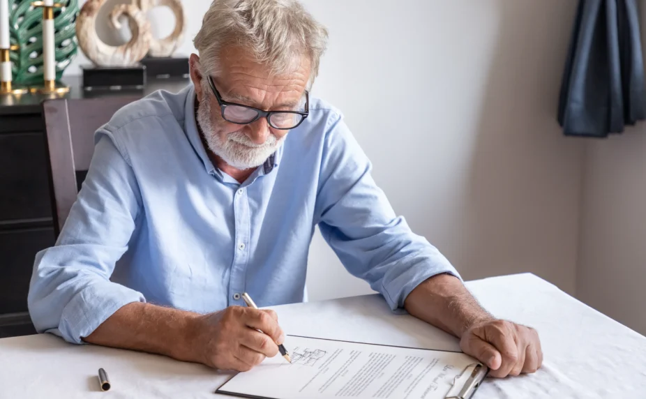 An image of elderly man signing a document