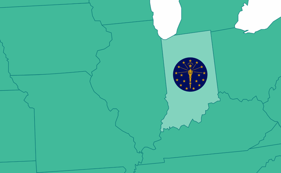 Graphic showing a portion of the US map, highlighting Indiana and its flag