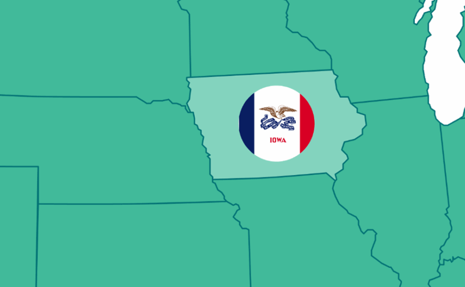 Graphic showing a portion of the US map, highlighting Iowa and its flag
