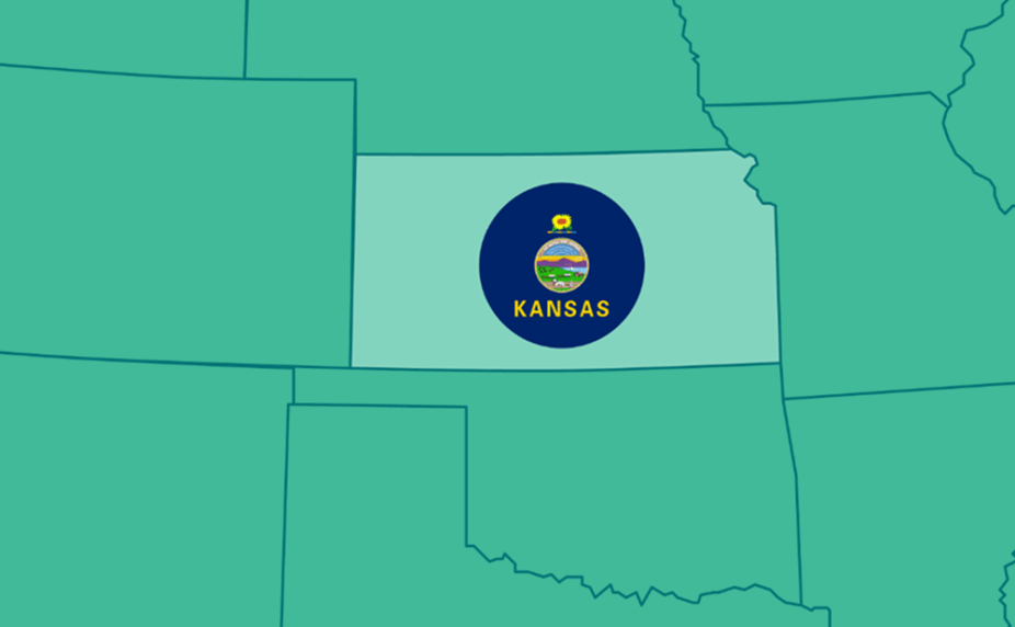 Graphic showing a portion of the US map, highlighting Kansas and its flag