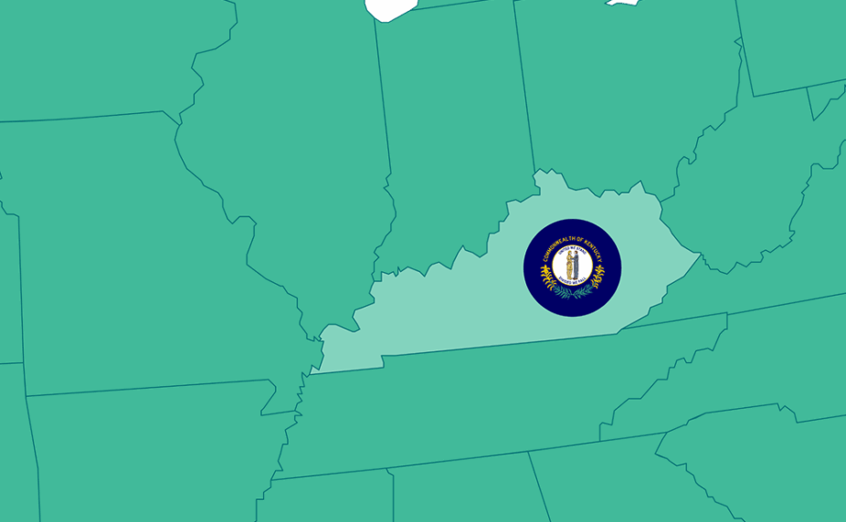 Graphic showing a portion of the US map, highlighting Kentucky and its flag