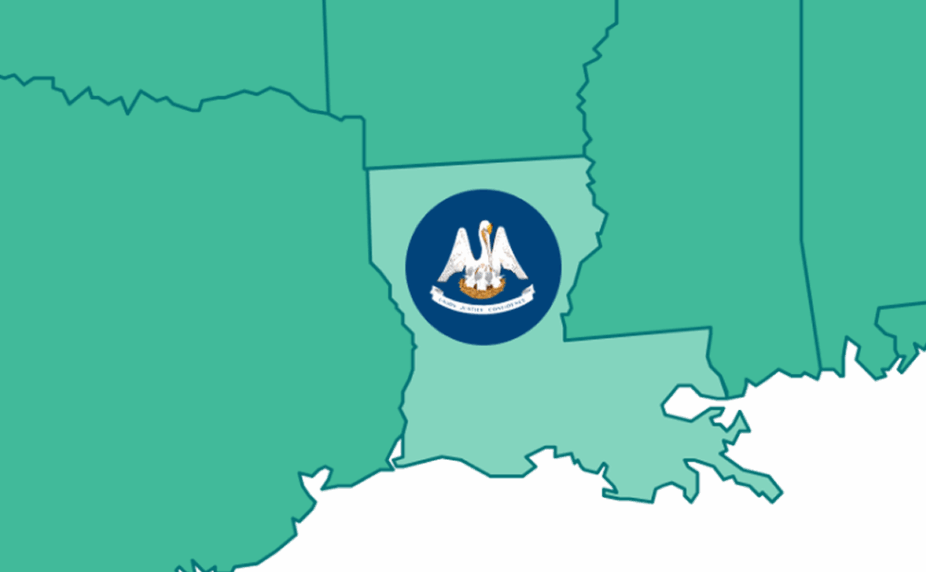 Graphic showing a portion of the US map, highlighting Louisiana and its flag