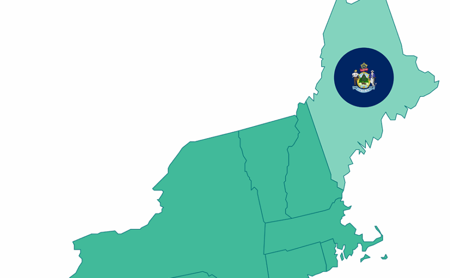 Graphic showing a portion of the US map, highlighting Maine and its flag