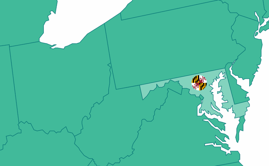 Graphic showing a portion of the US map, highlighting Maryland and its flag