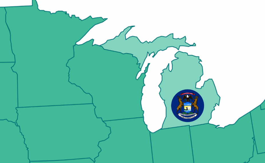 Graphic showing a portion of the US map, highlighting Michigan and its flag