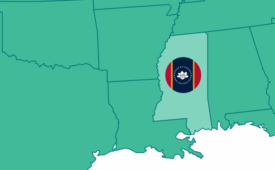 Graphic showing a portion of the US map, highlighting Mississippi and its flag
