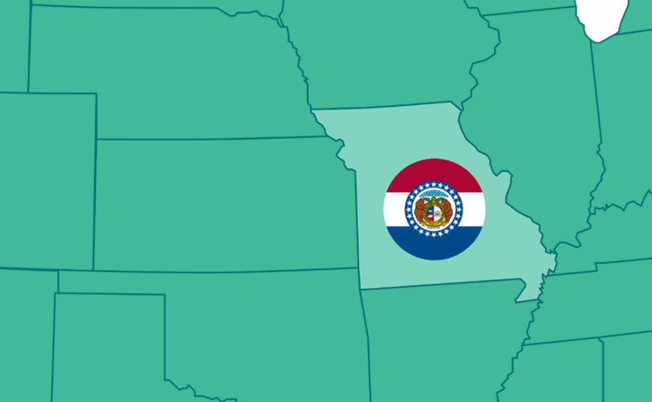 Graphic showing a portion of the US map, highlighting Missouri and its flag