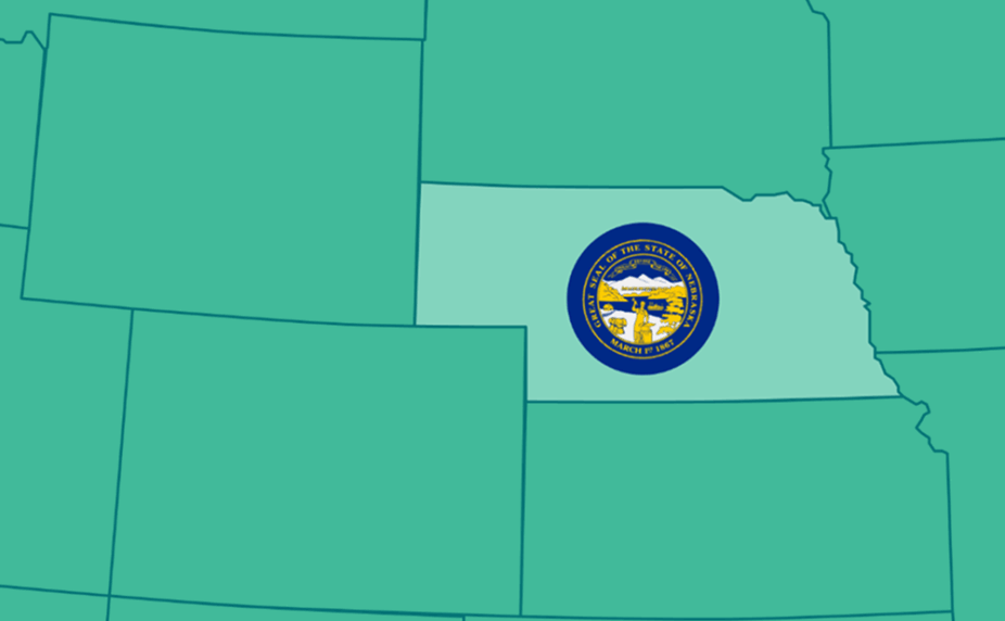 Graphic showing a portion of the US map, highlighting Nebraska and its flag