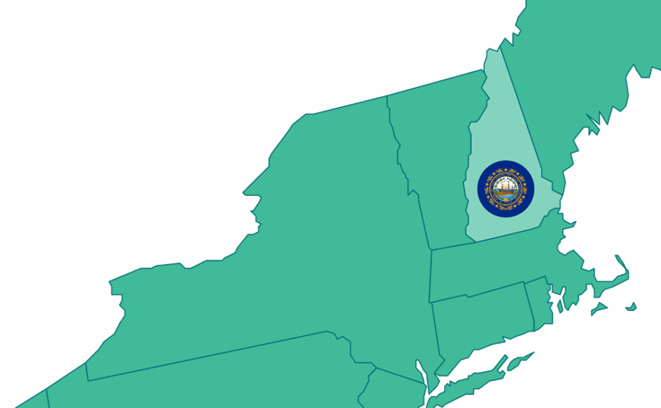 Graphic showing a portion of the US map, highlighting New Hampshire and its flag