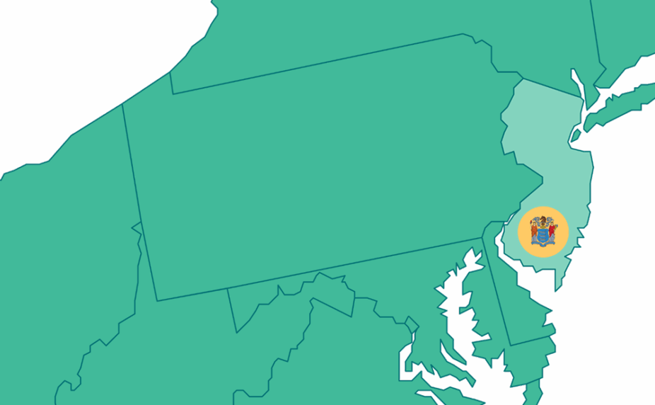 Graphic showing a portion of the US map, highlighting New Jersey and its flag