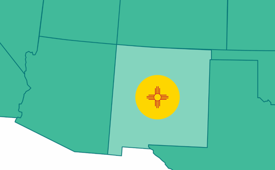 Graphic showing a portion of the US map, highlighting New Mexico and its flag
