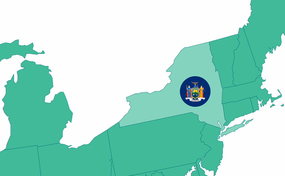 Graphic showing a portion of the US map, highlighting New York and its flag