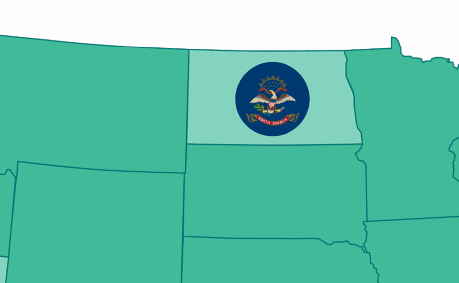 Graphic showing a portion of the US map, highlighting North Dakota and its flag
