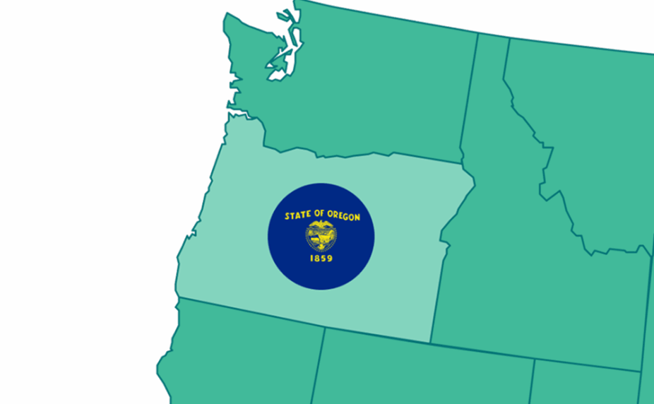 Graphic showing a portion of the US map, highlighting Oregon and its flag