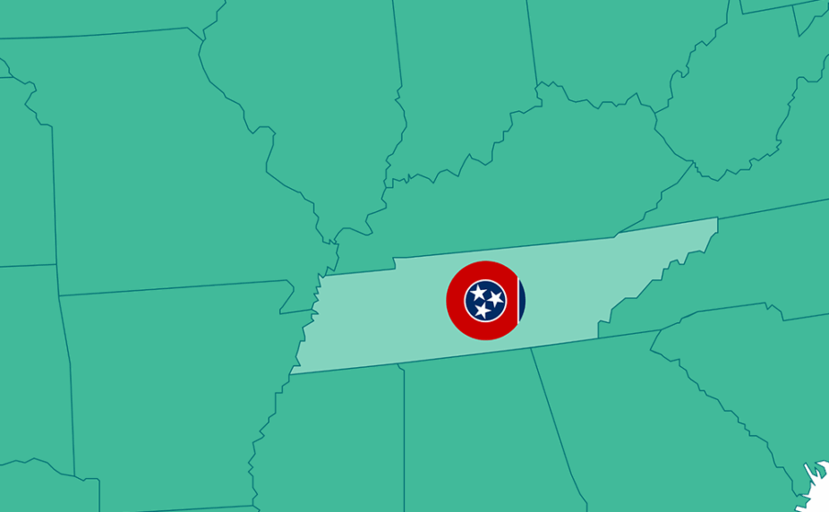 Graphic showing a portion of the US map, highlighting Tennessee and its flag