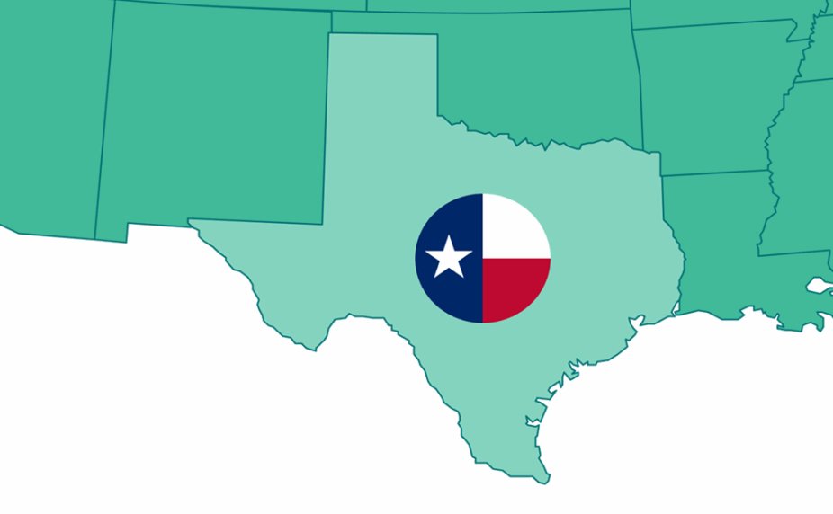 Graphic showing a portion of the US map, highlighting Texas and its flag