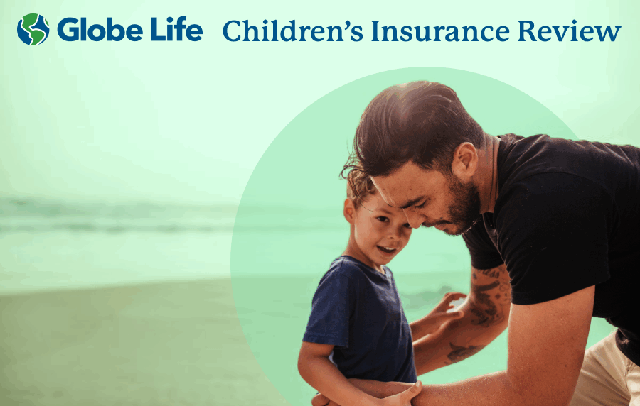 Young man bending down to lift up his son in a beach setting. Globe Life logo overlaid.