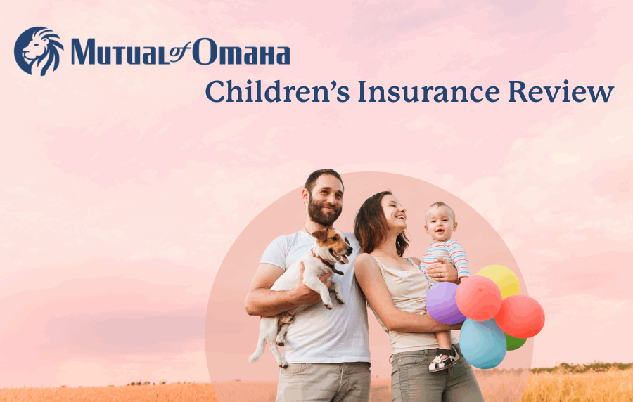 Young white couple holding their baby, small dog, and a handful of balloons in an outdoor setting. Mutual of Omaha logo is overlaid.