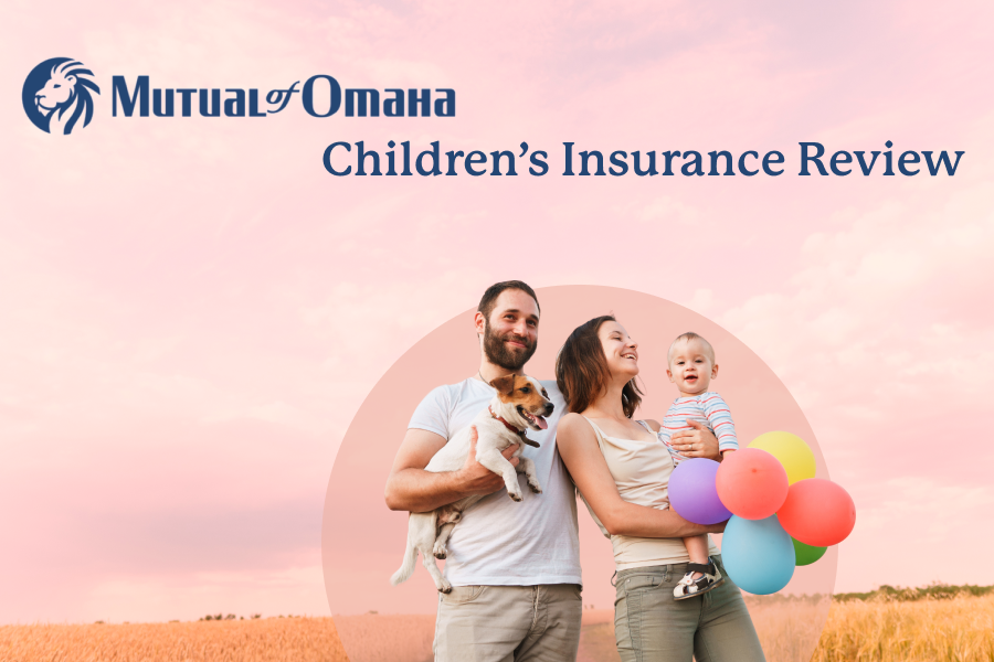 Young white couple holding their baby, small dog, and a handful of balloons in an outdoor setting. Mutual of Omaha logo is overlaid.