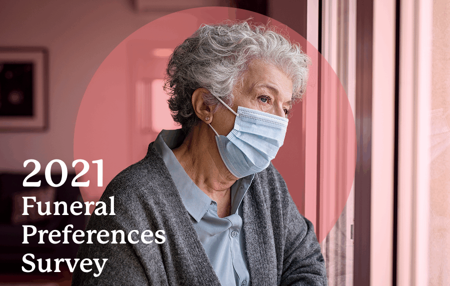 Elderly woman wearing mask, looking out window, 2021 survey text