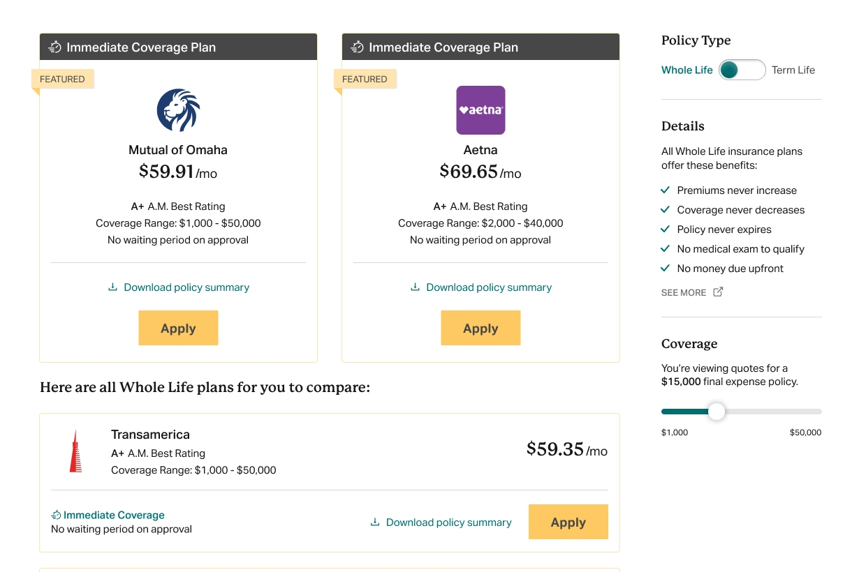 Comparison of Whole Life insurance plans from Mutual of Omaha and Aetna