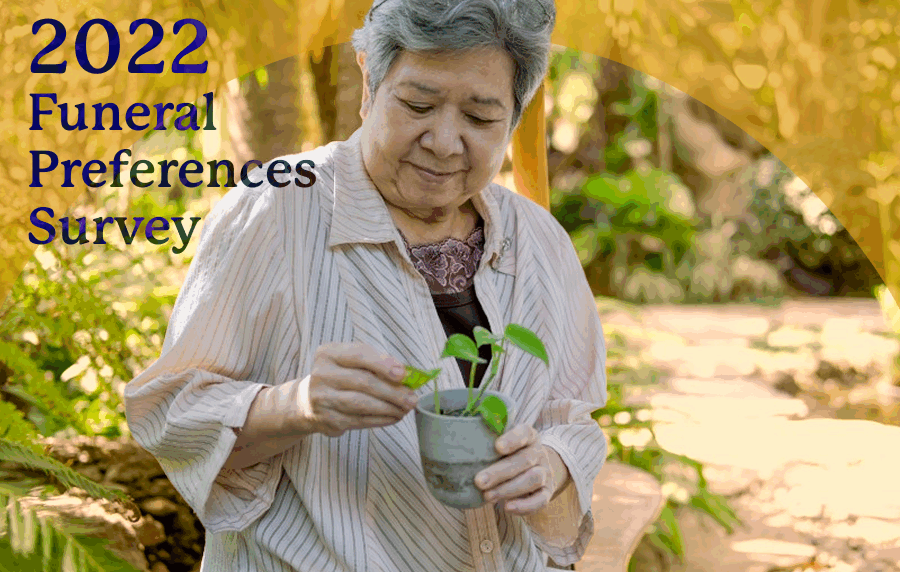 Elderly woman tending plant with "2022 Funeral Preferences Survey" text.