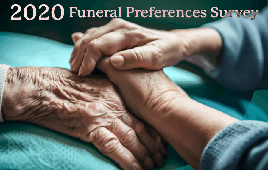 Elderly and younger hands clasped, 2020 Funeral Preferences Survey text