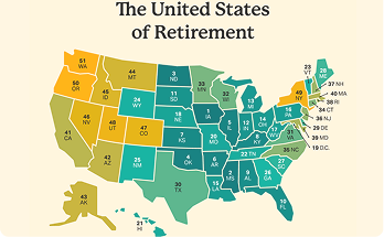 Map of U.S. states color-coded by retirement rankings and scores