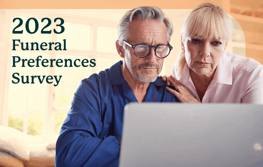 Older couple reviewing 2023 funeral preferences survey on laptop